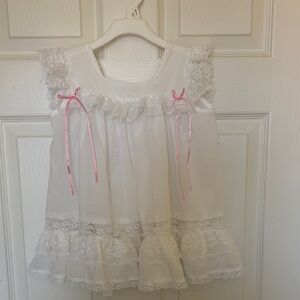 White Lace Baby Dress with Pink Ribbon Accents